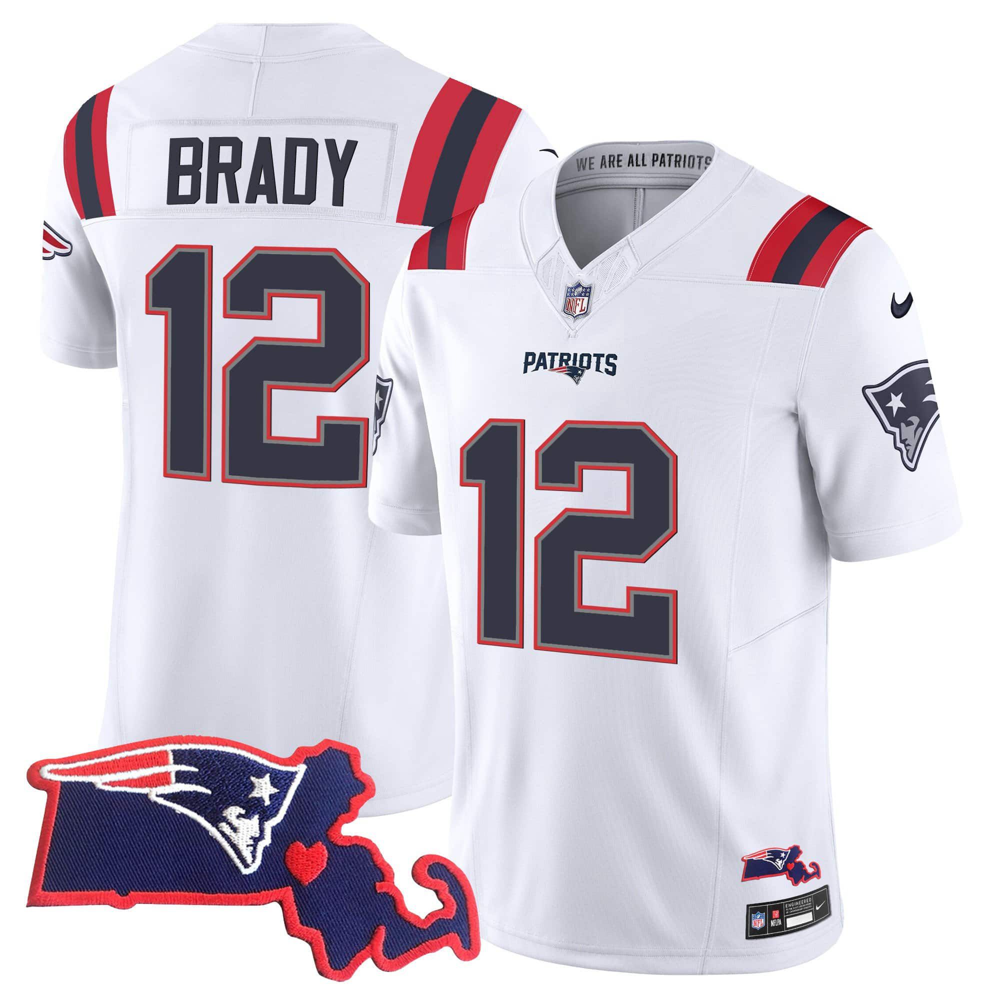 Men New England Patriots 12 Brady White 2024 Nike Patch Vapor Limited NFL Jersey